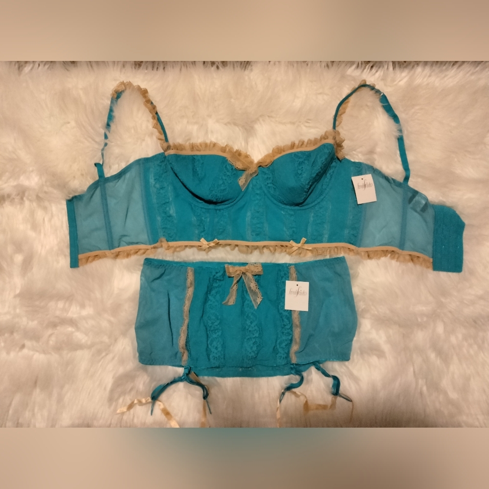 Power Femme Lace Bustier Bra & Garter Skirt Set in Azure Blue & Champagne